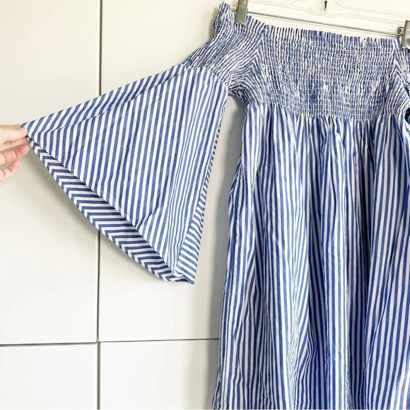 Zara Smocked Dress Tunic Top Bell Sleeves Size Large Blue and White Stripe - Picture 7 of 11